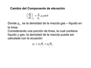 Cambio del Componente de elevación 
Donde ρs 
, es la densidad de la mezcla gas – líquido en 
la línea. 
Considerando una porción de línea, la cual contiene 
líquido y gas, la densidad de la mezcla puede ser 
calculada con la ecuación 
 