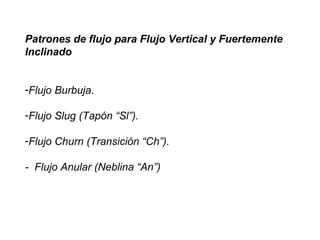 Patrones de flujo para Flujo Vertical y Fuertemente 
Inclinado 
-Flujo Burbuja. 
-Flujo Slug (Tapón “Sl”). 
-Flujo Churn (Transición “Ch”). 
- Flujo Anular (Neblina “An”) 
 
