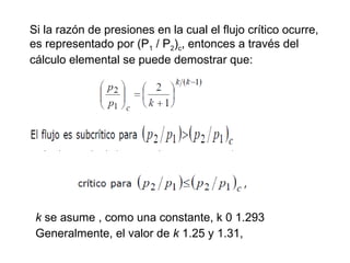Si la razón de presiones en la cual el flujo crítico ocurre, 
es representado por (P1 / P2)c, entonces a través del 
cálculo elemental se puede demostrar que: 
k se asume , como una constante, k 0 1.293 
Generalmente, el valor de k 1.25 y 1.31, 
 