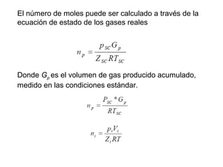 El número de moles puede ser calculado a través de la 
ecuación de estado de los gases reales 
Donde Gp 
es el volumen de gas producido acumulado, 
medido en las condiciones estándar. 
 