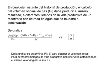 En cualquier instante del historial de producción, el cálculo 
del volumen original de gas (Gi) debe producir el mismo 
resultado, a diferentes tiempos de la vida productiva de un 
reservorio con entrada de agua que se muestra a 
continuación 
Se grafica 
vs 
De la grafica se determina Pi / Zi para obtener el volumen inicial 
Para diferentes tiempos de vida productiva del reservorio obteniéndose 
el mismo valor original in situ Gi 
 