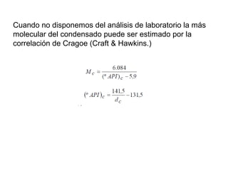 Cuando no disponemos del análisis de laboratorio la más 
molecular del condensado puede ser estimado por la 
correlación de Cragoe (Craft & Hawkins.) 
 