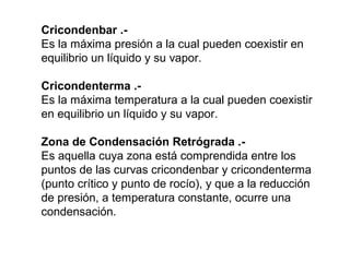 Cricondenbar .- 
Es la máxima presión a la cual pueden coexistir en 
equilibrio un líquido y su vapor. 
Cricondenterma .- 
Es la máxima temperatura a la cual pueden coexistir 
en equilibrio un líquido y su vapor. 
Zona de Condensación Retrógrada .- 
Es aquella cuya zona está comprendida entre los 
puntos de las curvas cricondenbar y cricondenterma 
(punto crítico y punto de rocío), y que a la reducción 
de presión, a temperatura constante, ocurre una 
condensación. 
 