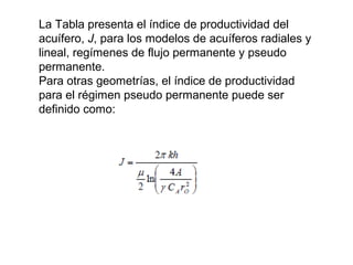 La Tabla presenta el índice de productividad del 
acuífero, J, para los modelos de acuíferos radiales y 
lineal, regímenes de flujo permanente y pseudo 
permanente. 
Para otras geometrías, el índice de productividad 
para el régimen pseudo permanente puede ser 
definido como: 
 