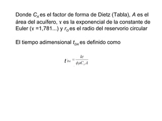 Donde CA 
es el factor de forma de Dietz (Tabla), A es el 
área del acuífero, ɤ es la exponencial de la constante de 
Euler (ɤ =1,781...) y res el radio del reservorio circular 
O 
El tiempo adimensional tDA 
es definido como 
t 
 