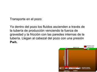 Transporte en el pozo: 
Ya dentro del pozo los fluidos ascienden a través de 
la tubería de producción venciendo la fuerza de 
gravedad y la fricción con las paredes internas de la 
tubería. Llegan al cabezal del pozo con una presión 
Pwh. 
 