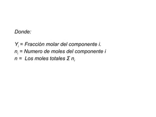 Donde: 
Yi = Fracción molar del componente i. 
ni = Numero de moles del componente i 
n = Los moles totales Σ ni 
 