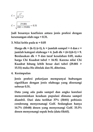 Jadi besarnya koefisien antara jenis profesi dengan
kesenangan olah raga = 0.31.
3. Nilai kritis pada α = 0.05
Harga dk = (k-1) (r-1), k = jumlah sampel = 4 dan r =
jumlah kategori olahraga = 4. Jadi dk = (4-1)(4-1) = 9.
Berdasakan dk = 9 dan taraf kesalahan 0.05, maka
harga Chi Kuadrat tabel = 16.92. Karena nilai Chi
Kuadrat hitung lebih besar dari tabel (29.881 >
15.51) maka Ho ditolak dan H1 diterima.
4. Kesimpulan
Jenis profesi pekerjaan mempunyai hubungan
signifikan dengan jenis olahraga yang disenangi
sebesar 0.31.
Data yang ada pada sampel dan angka korelasi
mencerminkan keadaan populasi dimana sampel
diambil. Dari data terlihat 37% (30:81) pebisnis
cenderung menyenanagi Golf. Sedangkan hanya
14.7% (10:68) dosen yang menyenangi Golf. 33.3%
dosen menyenangi sepak bola (data fiktif).
 