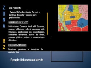 ZONAR2USO PRINCIPAL Vivienda Unifamiliar Aislada, Pareada y Continua, despacho y estudios para profesionalesUSOS COMPLEMENTARIOSEdificaciones: Comercio local, edif. Docentes, museos, bibliotecas, sala de reuniones, edif. Religiosas, asistenciales sin hospitalización, estaciones telefónicas, cultivo de flores, parques públicos pasivos y sub-estaciones eléctricas.USOS INCOMPATIBLOESCuarteles, pensiones e industrias de cualquiertipoEjemplo: Urbanización Mérida