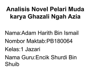 Analisis Novel Pelari Muda
karya Ghazali Ngah Azia
Nama:Adam Harith Bin Ismail
Nombor Maktab:PB180064
Kelas:1 Jazari
Nama Guru:Encik Shurdi Bin
Shuib
 