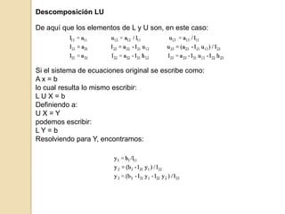 Descomposición LU
De aquí que los elementos de L y U son, en este caso:
Si el sistema de ecuaciones original se escribe como:
A x = b
lo cual resulta lo mismo escribir:
L U X = b
Definiendo a:
U X = Y
podemos escribir:
L Y = b
Resolviendo para Y, encontramos:
 