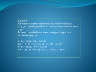 Ejemplo:
Obtenemos el error absoluto y relativo al considerar:
a) 3,5 m como longitud de un terreno que mide realmente
3,59 m.
b) 60 m como la distancia entre dos postes que están
situados a 59,91 m.
a) Ea = |3,59 - 3,5| = 0,09 m
E r = | 3 , 59 - 3 , 5 | 3 , 59 = 0 , 025 = 2 , 5 %
b) Ea = |59,91 - 60| = 0,09 m
E r = | 59 , 91 - 60 | 59 , 91 = 0 , 0015 = 0 , 15 %
 