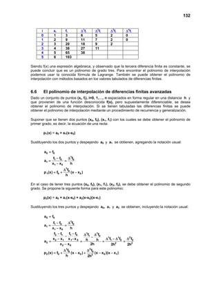 132
Siendo f(x) una expresión algebraica, y observado que la tercera diferencia finita es constante, se
puede concluir que es un polinomio de grado tres. Para encontrar el polinomio de interpolación
podemos usar la conocida fórmula de Lagrange. También se puede obtener el polinomio de
interpolación con métodos basados en los valores tabulados de diferencias finitas.
6.6 El polinomio de interpolación de diferencias finitas avanzadas
Dado un conjunto de puntos (xi, fi), i=0, 1,…, n espaciados en forma regular en una distancia h y
que provienen de una función desconocida f(x), pero supuestamente diferenciable, se desea
obtener el polinomio de interpolación. Si se tienen tabuladas las diferencias finitas se puede
obtener el polinomio de interpolación mediante un procedimiento de recurrencia y generalización.
Suponer que se tienen dos puntos (x0, f0), (x1, f1) con los cuales se debe obtener el polinomio de
primer grado, es decir, la ecuación de una recta:
p1(x) = a0 + a1(x-x0)
Sustituyendo los dos puntos y despejando a0 y a1 se obtienen, agregando la notación usual:
0 0
1
1 0 0
1
1 0
1
0
1 0 0
a f
f f f
a
x x h
f
p (x) f (x x )
h
=
− ∆
= =
−
∆
=+ −
En el caso de tener tres puntos (x0, f0), (x1, f1), (x2, f2), se debe obtener el polinomio de segundo
grado. Se propone la siguiente forma para este polinomio:
p2(x) = a0 + a1(x-x0) + a2(x-x0)(x-x1)
Sustituyendo los tres puntos y despejando a0, a1 y a2 se obtienen, incluyendo la notación usual:
0 0
1
1 0 0
1
1 0
11
1 02 1 01
1 1 2
2 1 1 0 1 0 0
2 2 2
2 0
1 2
0 0
2 0 0 0 12
a f
f f f
a
x x h
f ff f ff
x x x x f f fh ha
x x 2h 2h 2h
f f
p (x) f (x x ) (x x )(x x )
h 2h
=
− ∆
= =
−
−− ∆∆− −− − ∆ − ∆ ∆
= = = =
−
∆ ∆
= + − + − −
i xi fi ∆1
fi ∆2
fi ∆3
fi ∆4
fi
0 1 3 6 5 2 0
1 2 9 11 7 2 0
2 3 20 18 9 2
3 4 38 27 11
4 5 65 38
5 6 103
 