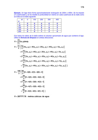178
Ejemplo. Un lago tiene forma aproximadamente rectangular de 200m x 400m. Se ha trazado
un cuadriculado y se ha medido la profundidad en metros en cada cuadrícula de la malla como
se indica en la tabla siguiente:
Con todos los datos de la tabla estime el volumen aproximado de agua que contiene el lago.
Utilice la fórmula de Simpson en ambas direcciones.
d b
c a
V f(x,y)dxdy= ∫∫
0 0 0 1 0 2 0 3 0 4
1 0 1 1 1 2 1 3 1 3
2 0 2 1 2 2 2 3 2 4
x y
V f(x ,y ) 4f(x ,y ) 2f(x ,y ) 4f(x ,y ) f(x ,y )
3 3
y
4 f(x ,y ) 4f(x ,y ) 2f(x ,y ) 4f(x ,y ) f(x ,y )
3
y
2 f(x ,y ) 4f(x ,y ) 2f(x ,y ) 4f(x ,y ) f(x ,y )
3
∆ ∆
= + + + +   

∆
+ + + + +  
∆
+ + + + +  
}
3 0 3 1 3 2 3 3 3 4
4 0 4 1 4 2 4 3 4 4
y
4 f(x ,y ) 4f(x ,y ) 2f(x ,y ) 4f(x ,y ) f(x ,y )
3
y
f(x ,y ) 4f(x ,y ) 2f(x ,y ) 4f(x ,y ) f(x ,y )
3
∆
+ + + + +  
∆
+ + + + +  
[ ]
[ ]
[ ]
[ ]
[ ] }
100 50
V 0 4(0) 2(1) 4(0) 0
3 3
50
4 0 4(3) 2(5) 4(2) 0
3
50
2 4 4(5) 2(6) 4(3) 1
3
50
4 6 4(7) 2(9) 4(5) 2
3
50
0 4(3) 2(5) 4(1) 0
3

= + + + +

+ + + + +
+ + + + +
+ + + + +
+ + + + +
V 287777.78 metros cúbicos de agua=
X
Y
0 100 200 300 400
0 0 0 4 6 0
50 0 3 5 7 3
100 1 5 6 9 5
150 0 2 3 5 1
200 0 0 1 2 0
 
