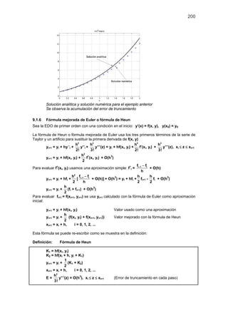 200
Solución analítica y solución numérica para el ejemplo anterior
Se observa la acumulación del error de truncamiento
9.1.6 Fórmula mejorada de Euler o fórmula de Heun
Sea la EDO de primer orden con una condición en el inicio: y’(x) = f(x, y), y(x0) = y0
La fórmula de Heun o fórmula mejorada de Euler usa los tres primeros términos de la serie de
Taylor y un artificio para sustituir la primera derivada de f(x, y)
yi+1 = yi + hy ’i +
2
h
2!
y’’i +
3
h
3!
y’’’(z) = yi + hf(xi, yi) +
2
h
2!
f’(xi, yi) +
3
h
3!
y’’’(z), xi ≤ z ≤ xi+1
yi+1 = yi + hf(xi, yi) +
2
h
2
f’(xi, yi) + O(h3
)
Para evaluar f’(xi, yi) usamos una aproximación simple: f’i = i 1 if f
h
+ −
+ O(h)
yi+1 = yi + hfi +
2
h
2
[ i 1 if f
h
+ −
+ O(h)] + O(h3
) = yi + hfi +
h
2
fi+1 -
h
2
fi + O(h3
)
yi+1 = yi +
h
2
(fi + fi+1) + O(h3
)
Para evaluar fi+1 = f(xi+1, yi+1) se usa yi+1 calculado con la fórmula de Euler como aproximación
inicial:
yi+1 = yi + hf(xi, yi) Valor usado como una aproximación
yi+1 = yi +
h
2
(f(xi, yi) + f(xi+1, yi+1)) Valor mejorado con la fórmula de Heun
xi+1 = xi + h, i = 0, 1, 2, ...
Esta fórmula se puede re-escribir como se muestra en la definición:
Definición: Fórmula de Heun
K1 = hf(xi, yi)
K2 = hf(xi + h, yi + K1)
yi+1 = yi +
1
2
(K1 + K2)
xi+1 = xi + h, i = 0, 1, 2, ...
E =
3
h
3!
y’’’(z) = O(h3
), xi ≤ z ≤ xi+1 (Error de truncamiento en cada paso)
 