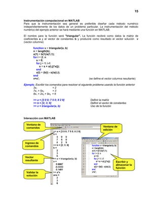 15
Instrumentación computacional en MATLAB
Para que la instrumentación sea general es preferible diseñar cada método numérico
independientemente de los datos de un problema particular. La instrumentación del método
numérico del ejemplo anterior se hará mediante una función en MATLAB.
El nombre para la función será "triangular". La función recibirá como datos la matriz de
coeficientes a y el vector de constantes b y producirá como resultado el vector solución v
(vector columna)
function v = triangular(a, b)
n = length(b);
x(1) = b(1)/a(1,1);
for i = 2: n
s = 0;
for j = 1: i-1
s = s + a(i,j)*x(j);
end
x(i) = (b(i) - s)/a(i,i);
end
v=x'; (se define el vector columna resultante)
Ejemplo. Escribir los comandos para resolver el siguiente problema usando la función anterior
3x1 = 2
7x1 + 5x2 = 3
8x1 + 2x2 + 9x3 = 6
>> a = [3 0 0; 7 5 0; 8 2 9] Definir la matriz
>> b = [2; 3; 6] Definir el vector de constantes
>> x = triangular(a, b) Uso de la función
Interacción con MATLAB
Ventana de
comandos Ventana de
edición
Vector
resultante
Ingreso de
comandos
Escribir y
almacenar la
función
Validar la
solución
 
