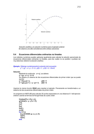 212
Solución analítica y la solución numérica para el ejemplo anterior
Se observa una alta coincidencia entre ambas soluciones
9.4 Ecuaciones diferenciales ordinarias no lineales
Los métodos numéricos pueden aplicarse igualmente para calcular la solución aproximada de
ecuaciones diferenciales ordinarias no lineales, para las cuales no es posible o pudiese ser
muy laborioso obtener la solución analítica
Ejemplo. Obtenga numéricamente la solución de la ecuación
y’’ + yy’ - x + y - 3 = 0, y(0) = 1, y’(0) = 2, 0≤x≤2
Solución
Mediante la sustitución z = y’, se obtiene
z’ + yz - x + y - 3 = 0
Se obtiene un sistema de dos ecuaciones diferenciales de primer orden que se puede
escribir
y’ = f(x,y,z) = z, y(0) = 1
z’ = g(x,y,z) = x – y - yz + 3, z(0) = 2
Usamos la misma función RK42 para resolver el ejemplo. Previamente es transformada a un
sistema de dos ecuaciones diferenciales de primer orden.
Un programa en MATLAB para calcular 20 puntos espaciados en una distancia 0.1 del ejercicio
anterior usando la fórmula de Runge-Kutta de cuarto orden
f=inline('0*x + 0*y + z');
g=inline('x - y - y*z + 3');
x=0;
y=1;
z=2;
h=0.1;
m=20;
for i=1:m
[x,y,z]=rk42(f, g, x, y, z, h);
u(i)=x;
v(i)=y;
end
 