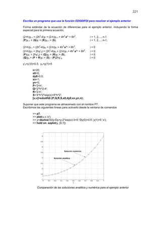 221
Escriba un programa que usa la función EDODIFDI para resolver el ejemplo anterior
Forma estándar de la ecuación de diferencias para el ejemplo anterior, incluyendo la forma
especial para la primera ecuación.
(2+h)yi-1 + (2h2
-4)yi + (2-h)yi+1 = 4h2 ix
e + 6h2
, i = 1, 2,..., n-1
(P)yi-1 + (Q)yi + (R)yi+1 = (S), i = 1, 2,..., n-1;
(2+h)y-1 + (2h2
-4)y0 + (2-h)y1 = 4h2 0x
e + 6h2
, i = 0
(2+h)(y1 + 2hy’0) + (2h2
-4)y0 + (2-h)y1 = 4h2 0x
e + 6h2
, i = 0
(P)(y1 + 2hy’0) + (Q)y0 + (R)y1 = (S), i = 0
(Q)y0 + (P + R)y1 = (S) - (P)2hy’0, i = 0
y’0=y’(0)=0.5; yn=y(1)=5
n=20;
x0=0;
dy0=0.5;
xn=1;
yn=5;
P='2+h';
Q='2*h^2-4';
R='2-h';
S='4*h^2*exp(x)+6*h^2';
[u,v]=edodifdi (P,Q,R,S,x0,dy0,xn,yn,n);
Suponer que este programa es almacenado con el nombre P7.
Escribimos las siguientes líneas para activarlo desde la ventana de comandos
>> p7;
>> plot(u,v,'o');
>> y=dsolve('D2y-Dy+y-2*exp(x)-3=0','Dy(0)=0.5','y(1)=5','x');
>> hold on, ezplot(y, [0,1])
Comparación de las soluciones analítica y numérica para el ejemplo anterior
 