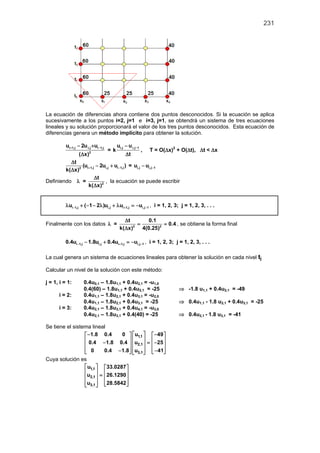 231
La ecuación de diferencias ahora contiene dos puntos desconocidos. Si la ecuación se aplica
sucesivamente a los puntos i=2, j=1 e i=3, j=1, se obtendrá un sistema de tres ecuaciones
lineales y su solución proporcionará el valor de los tres puntos desconocidos. Esta ecuación de
diferencias genera un método implícito para obtener la solución.
i 1,j i,j i 1,j
2
u 2u u
( x)
+ −− +
∆
=
i,j i,j 1u u
k
t
−−
∆
, T = O(∆x)2
+ O(∆t), ∆t < ∆x
i 1,j i,j i 1,j2
t
(u 2u u )
k( x)
+ −
∆
− +
∆
= i,j i,j 1u u −−
Definiendo λ = 2
t
k( x)
∆
∆
, la ecuación se puede escribir
i 1,j i,j i 1,j i,j 1u ( 1 2 )u u u− + −λ + − − λ + λ = − , i = 1, 2, 3; j = 1, 2, 3, . . .
Finalmente con los datos λ = 2 2
t 0.1
0.4
k( x) 4(0.25)
∆
= =
∆
, se obtiene la forma final
i 1,j i,j i 1,j i,j 10.4u 1.8u 0.4u u− + −− + =− , i = 1, 2, 3; j = 1, 2, 3, . . .
La cual genera un sistema de ecuaciones lineales para obtener la solución en cada nivel tj
Calcular un nivel de la solución con este método:
j = 1, i = 1: 0.4u0,1 – 1.8u1,1 + 0.4u2,1 = -u1,0
0.4(60) – 1.8u1,1 + 0.4u2,1 = -25 ⇒ -1.8 u1,1 + 0.4u2,1 = -49
i = 2: 0.4u1,1 – 1.8u2,1 + 0.4u3,1 = -u2,0
0.4u1,1 – 1.8u2,1 + 0.4u3,1 = -25 ⇒ 0.4u1,1 - 1.8 u2,1 + 0.4u3,1 = -25
i = 3: 0.4u2,1 – 1.8u3,1 + 0.4u4,1 = -u3,0
0.4u2,1 – 1.8u3,1 + 0.4(40) = -25 ⇒ 0.4u2,1 - 1.8 u3,1 = -41
Se tiene el sistema lineal
1,1
2,1
3,1
1.8 0.4 0 u 49
0.4 1.8 0.4 u 25
0 0.4 1.8 u 41
 − −   
    − =−    
    − −    
Cuya solución es
1,1
2,1
3,1
u 33.0287
u 26.1290
u 28.5842
   
   =   
     
 