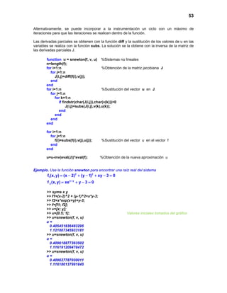 53
Alternativamente, se puede incorporar a la instrumentación un ciclo con un máximo de
iteraciones para que las iteraciones se realicen dentro de la función.
Las derivadas parciales se obtienen con la función diff y la sustitución de los valores de u en las
variables se realiza con la función subs. La solución se la obtiene con la inversa de la matriz de
las derivadas parciales J.
function u = snewton(f, v, u) %Sistemas no lineales
n=length(f);
for i=1:n %Obtención de la matriz jacobiana J
for j=1:n
J(i,j)=diff(f(i),v(j));
end
end
for i=1:n %Sustitución del vector u en J
for j=1:n
for k=1:n
if findstr(char(J(i,j)),char(v(k)))>0
J(i,j)=subs(J(i,j),v(k),u(k));
end
end
end
end
for i=1:n
for j=1:n
f(i)=subs(f(i),v(j),u(j)); %Sustitución del vector u en el vector f
end
end
u=u-inv(eval(J))*eval(f); %Obtención de la nueva aproximación u
Ejemplo. Use la función snewton para encontrar una raíz real del sistema
2 2
1
x y
2
f (x,y) (x 2) (y 1) xy 3 0
f (x,y) xe y 3 0+
= − + − + − =
= + −=
>> syms x y
>> f1=(x-2)^2 + (y-1)^2+x*y-3;
>> f2=x*exp(x+y)+y-3;
>> f=[f1; f2];
>> v=[x; y];
>> u=[0.5; 1]; Valores iniciales tomados del gráfico
>> u=snewton(f, v, u)
u =
0.405451836483295
1.121807345933181
>> u=snewton(f, v, u)
u =
0.409618877363502
1.116191209478472
>> u=snewton(f, v, u)
u =
0.409627787030011
1.116180137991845
 