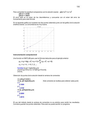 195

Para comprobar la exactitud comparamos con la solución exacta: y(x) = ex + x + x2
        y(0.1) = 1.2152
        y(0.2) = 1.4614
El error está en el orden de los diezmilésimos y concuerda con el orden del error de
truncamiento para esta fórmula

En el siguiente gráfico se muestran los dos puntos obtenidos junto con lel gráfico de la solución
analítica exacta. La concordancia es muy buena.




Instrumentación computacional

Una función en MATLAB para usar la fórmula deducida para el ejemplo anterior
                                          h2
       yi+1 = yi + h(yi - x2i + xi + 1) +    ( yi - x2i - xi + 2)
                                          2
       xi+1 = xi + h, i = 0, 1, 2, ...

      function [x,y] = taylor2(x,y,h)
      y=y+h*(y-x^2+x+1) + h^2/2*(y-x^2-x+2);
      x=x+h;

Obtención de puntos de la solución desde la ventana de comandos

      >> x=0;y=1;h=0.1;
      >> [x, y]= taylor2(x,y,h)            Este comando se reutiliza para obtener cada punto
      x=
        0.1000
      y=
        1.2150
      >> [x, y]=taylor2(x,y,h)
      x=
        0.2000
      y=
        1.4610


El uso del método desde la ventana de comandos no es práctico para recibir los resultados.
Conviene guardar los puntos obtenidos. Para esto se puede escribir un programa.
 