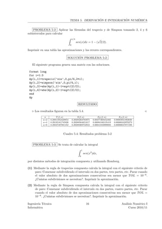 ´             ´     ´
                                    TEMA 5. DERIVACION E INTEGRACION NUMERICA


    PROBLEMA 5-2: Aplicar las f´rmulas del trapecio y de Simpson tomando 2, 4 y 6
                               o
subintervalos para calcular
                                        π/4                   √
                                              sen(x)dx = 1 − ( 2/2).
                                    0

Imprimir en una tabla las aproximaciones y los errores correspondientes.

                                      ´
                                SOLUCION PROBLEMA 5-2:

   El siguiente programa genera una matriz con las soluciones.

 format long
 for i=1:3
 Ap(i,1)=trapecio(’sin’,0,pi/4,2*i);
 Ap(i,2)=simpson(’sin’,0,pi/4,i);
 Ap(i,3)=abs(Ap(i,1)-1+sqrt(2)/2);
 Ap(i,4)=abs(Ap(i,2)-1+sqrt(2)/2);
 end
 Ap

                                               RESULTADO

     Los resultados ﬁguran en la tabla 5.4.
            n         T (f, n)               S(f, n)               ET (f, n)          ES (f, n)
           n=2   0.28911952428854       0.29293263783975       0.00377369452492   0.00003941902630
           n=4   0.29195161745926       0.29289564851617       0.00094160135419   0.00000242970272
           n=6   0.29247487881452       0.29289369752943       0.00041833999893   0.00000047871598



                            Cuadro 5.4: Resultados problema 5-2


    PROBLEMA 5-3: Se trata de calcular la integral
                                                    1
                                                        sen(x2 )dx,
                                                0

por distintos m´todos de integraci´n compuesta y utilizando Romberg.
               e                  o

(1) Mediante la regla de trapecios compuesta calcula la integral con el siguiente criterio de
     paro: Comenzar subdividiendo el intervalo en dos partes, tres partes, etc. Parar cuando
     el valor absoluto de dos aproximaciones consecutivas sea menor que T OL = 10−6 .
     ¿Cu´ntas subdivisiones se necesitan?. Imprimir la aproximaci´n.
         a                                                         o

(2) Mediante la regla de Simpson compuesta calcula la integral con el siguiente criterio
     de paro: Comenzar subdividiendo el intervalo en dos partes, cuatro partes, etc. Parar
     cuando el valor absoluto de dos aproximaciones consecutivas sea menor que T OL =
     10−6 . ¿Cu´ntas subdivisiones se necesitan?. Imprimir la aproximaci´n.
               a                                                        o

Ingenier´ T´cnica
         ıa e                                             16                            An´lisis Num´rico I
                                                                                          a          e
Inform´tica
       a                                                                                     Curso 2010/11
 
