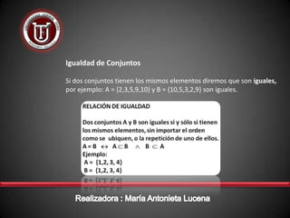 Igualdad de Conjuntos

Si dos conjuntos tienen los mismos elementos diremos que son iguales,
por ejemplo: A = {2,3,5,9,10} y B = {10,5,3,2,9} son iguales.
 