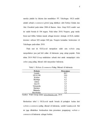 3
mereka pindah ke Jakarta dan mendirikan PT. Tokobagus. OLX sendiri
adalah sebuah e-commerce global yang didirikan oleh Fabrice Grinda dan
Alec Oxenford pada tahun 2006 di Buenos Aires. Grup OLX sendiri saat
ini sudah berada di 106 negara. Pada tahun 2010, Naspers, grup media
besar asal Afrika Selatan masuk sebagai investor strategis di OLX, melalui
investasi sebesar $20 sampai $40 juta. Naspers kemudian berinvestasi di
Tokobagus pada tahun 2010.
Pada saat ini OLX.co.id merupakan salah satu website yang
menyediakan jasa jual beli online di Indonesia yang cukup populer. Pada
tahun 2014 W&S Group melakukan sebuah riset untuk mempelajari toko
online yang paling dikenal oleh masyarakat Indonesia.
Tabel 1. Website E-commerce Paling Dikenal di Indonesia
Website Persentase
Lazada
OLX FJB
Kaskus
Berniaga
Zalora
Qoo10
Tokopedia
Rakuten
Bhinneka
40,7
18,6
9,1
6,3
3,7
3,5
3,2
2,3
2,0
Berrybenka 1,2
Sumber: W&S Group dalam id.techinasia.com, 2014
Berdasrkan tabel 1. OLX.co.id masih berada di peringkat kedua dari
website e-commerce paling dikenal di Indonesia, setelah Lazada.co.id. Hal
ini juga dibuktikan berdasarkan data presentase pengunjung website e-
commerce di Indonesia sebagai berikut:
 