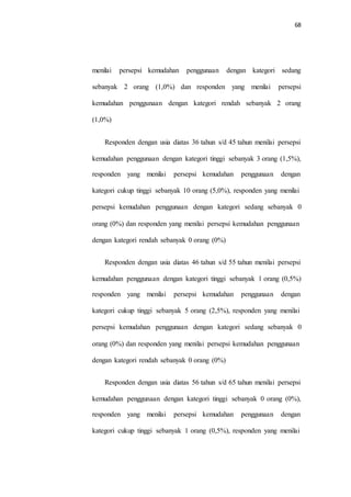 68
menilai persepsi kemudahan penggunaan dengan kategori sedang
sebanyak 2 orang (1,0%) dan responden yang menilai persepsi
kemudahan penggunaan dengan kategori rendah sebanyak 2 orang
(1,0%)
Responden dengan usia diatas 36 tahun s/d 45 tahun menilai persepsi
kemudahan penggunaan dengan kategori tinggi sebanyak 3 orang (1,5%),
responden yang menilai persepsi kemudahan penggunaan dengan
kategori cukup tinggi sebanyak 10 orang (5,0%), responden yang menilai
persepsi kemudahan penggunaan dengan kategori sedang sebanyak 0
orang (0%) dan responden yang menilai persepsi kemudahan penggunaan
dengan kategori rendah sebanyak 0 orang (0%)
Responden dengan usia diatas 46 tahun s/d 55 tahun menilai persepsi
kemudahan penggunaan dengan kategori tinggi sebanyak 1 orang (0,5%)
responden yang menilai persepsi kemudahan penggunaan dengan
kategori cukup tinggi sebanyak 5 orang (2,5%), responden yang menilai
persepsi kemudahan penggunaan dengan kategori sedang sebanyak 0
orang (0%) dan responden yang menilai persepsi kemudahan penggunaan
dengan kategori rendah sebanyak 0 orang (0%)
Responden dengan usia diatas 56 tahun s/d 65 tahun menilai persepsi
kemudahan penggunaan dengan kategori tinggi sebanyak 0 orang (0%),
responden yang menilai persepsi kemudahan penggunaan dengan
kategori cukup tinggi sebanyak 1 orang (0,5%), responden yang menilai
 