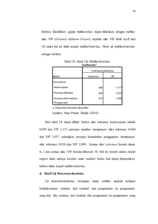 73
(bebas). Identifikasi gejala multikorelasi dapat dilakukan dengan melihat
nilai VIF (Variance Inflation Factor). Apabila nilai VIF lebih kecil dari
10, maka hal ini tidak terjadi multikolinieritas. Hasil uji multikolinieritas
sebagai berikut:
Tabel 24. Hasil Uji Multikolinieritas
Coefficients
a
a. DependentVariable: Minat Beli
Sumber: Data Primer Diolah (2016)
Dari tabel 24. dapat dilihat bahwa nilai tolerance kepercayaan adalah
0,895 dan VIF 1,117, persepsi manfaat mempunyai nilai tolerance 0,964
dan VIF 1,037, sedangkan persepsi kemudahan penggunaan mempunyai
nilai tolerance 0,910 dan VIF 1,099. . Semua nilai tolerance berada diatas
0, 1 dan semua nilai VIF berada dibawah 10. Hal ini berarti dalam model
regresi tidak adanya korelasi antar variabel bebas Jadi dapat disimpulkan
bahwa tidak terjadi multikolinieritas.
d. Hasil Uji Heteroskedastisitas
Uji heteroskedastisitas bertujuan untuk melihat apakah terdapat
ketidaksamaan variance dari residual satu pengamatan ke pengamatan
yang lain. Jika variance dari residual dari pengamatan ke pengamatan yang
Model
CollinearityStatistics
Tolerance VIF
1(Constant)
Kepercayaan
Persepsi Manfaat
Persepsi Kemudahan
Penggunaan
.895 1.117
.964 1.037
.910 1.099
 