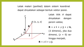 Letak materi (partikel) dalam sistem koordinat
dapat dinyatakan sebagai bentuk vektor posisi.
dapat
dengan
Letak titik A
dinyatakan
persm vektor,
R = x i + y j + z k,
(3 dimensi), jika dua
dimensi, (z = 0) se-
hingga menjadi,
y
z
x
A (x, y, z)
R
i j
k
0
R = x i + y j.
 