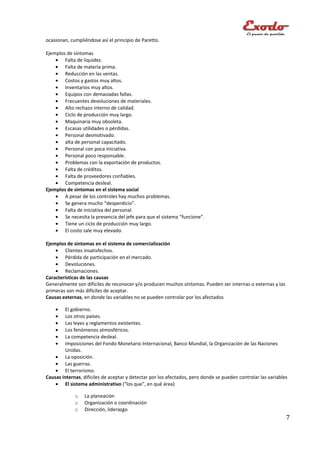 ocasionan, cumpliéndose así el principio de Paretto.

Ejemplos de síntomas
    • Falta de liquidez.
    • Falta de materia prima.
    • Reducción en las ventas.
    • Costos y gastos muy altos.
    • Inventarios muy altos.
    • Equipos con demasiadas fallas.
    • Frecuentes devoluciones de materiales.
    • Alto rechazo interno de calidad.
    • Ciclo de producción muy largo.
    • Maquinaria muy obsoleta.
    • Escasas utilidades o pérdidas.
    • Personal desmotivado.
    • alta de personal capacitado.
    • Personal con poca iniciativa.
    • Personal poco responsable.
    • Problemas con la exportación de productos.
    • Falta de créditos.
    • Falta de proveedores confiables.
    • Competencia desleal.
Ejemplos de síntomas en el sistema social
    • A pesar de los controles hay muchos problemas.
    • Se genera mucho “desperdicio”.
    • Falta de iniciativa del personal.
    • Se necesita la presencia del jefe para que el sistema “funcione”.
    • Tiene un ciclo de producción muy largo.
    • El costo sale muy elevado.

Ejemplos de síntomas en el sistema de comercialización
    • Clientes insatisfechos.
    • Pérdida de participación en el mercado.
    • Devoluciones.
    • Reclamaciones.
Características de las causas
Generalmente son difíciles de reconocer y/o producen muchos síntomas. Pueden ser internas o externas y las
primeras son más difíciles de aceptar.
Causas externas, en donde las variables no se pueden controlar por los afectados

    •    El gobierno.
    •    Los otros países.
    •    Las leyes y reglamentos existentes.
    •    Los fenómenos atmosféricos.
    •    La competencia desleal.
    •    Imposiciones del Fondo Monetario Internacional, Banco Mundial, la Organización de las Naciones
         Unidas.
    • La oposición.
    • Las guerras.
    • El terrorismo.
Causas internas, difíciles de aceptar y detectar por los afectados, pero donde se pueden controlar las variables
    • El sistema administrativo (“los que”, en qué área)

             o   La planeación
             o   Organización o coordinación
             o   Dirección, liderazgo
                                                                                                               7
 