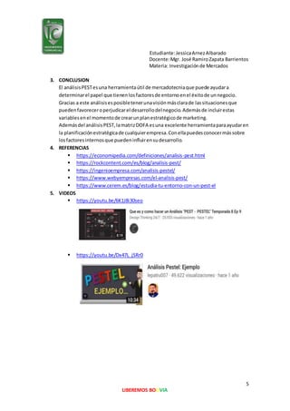 Estudiante:JessicaArnezAlbarado
Docente:Mgr. José RamiroZapata Barrientos
Materia: Investigaciónde Mercados
5
LIBEREMOS BOLIVIA
3. CONCLUSION
El análisisPESTesuna herramientaútil de mercadotecniaque puede ayudara
determinarel papel que tienenlosfactoresde entornoenel éxitode unnegocio.
Gracias a este análisisesposibletenerunavisiónmásclarade lassituacionesque
puedenfavoreceroperjudicarel desarrollodelnegocio.Ademásde incluirestas
variablesenel momentode crearunplanestratégicode marketing.
Ademásdel análisisPEST,lamatrizDOFA esuna excelente herramientaparaayudaren
la planificaciónestratégicade cualquierempresa.Conellapuedesconocermássobre
losfactoresinternosque puedeninfluirensudesarrollo.
4. REFERENCIAS
 https://economipedia.com/definiciones/analisis-pest.html
 https://rockcontent.com/es/blog/analisis-pest/
 https://ingenioempresa.com/analisis-pestel/
 https://www.webyempresas.com/el-analisis-pest/
 https://www.cerem.es/blog/estudia-tu-entorno-con-un-pest-el
5. VIDEOS
 https://youtu.be/6K1J8i30seo
 https://youtu.be/Dx47L_jSRr0
 