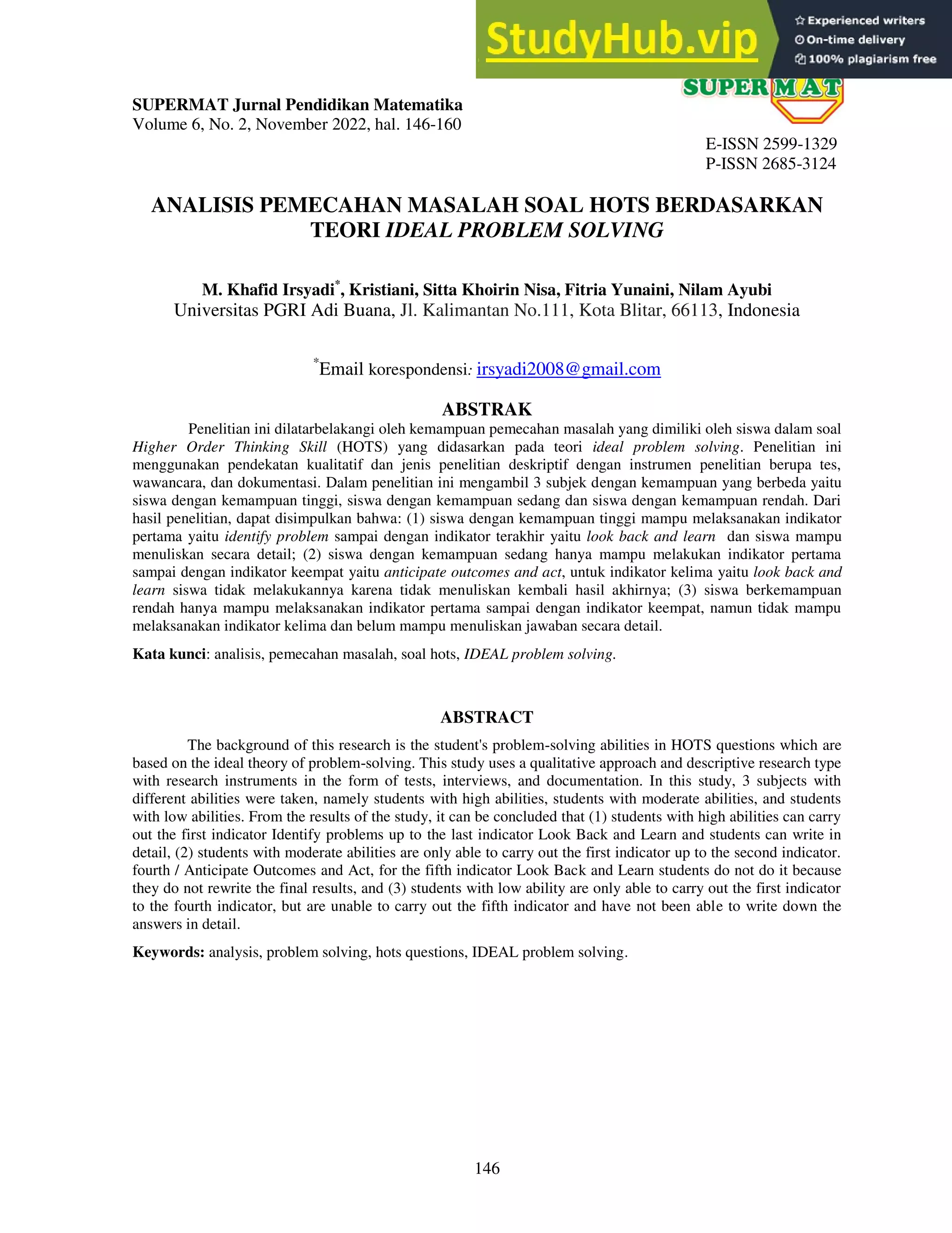 Analisis Pemecahan Masalah Soal HOTS Berdasarkan Teori Ideal Problem Analisis pemecahan masalah soal hots berdasarkan teori ideal problem