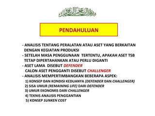 PENDAHULUAN
- ANALISIS TENTANG PERALATAN ATAU ASET YANG BERKAITAN
DENGAN KEGIATAN PRODUKSI
- SETELAH MASA PENGGUNAAN TERTENTU, APAKAH ASET TSB
TETAP DIPERTAHANKAN ATAU PERLU DIGANTI
- ASET LAMA DISEBUT DEFENDER
CALON ASET PENGGANTI DISEBUT CHALLENGER
- ANALISIS MEMPERTIMBANGKAN BEBERAPA ASPEK:
1) KONSEP DAN KONDISI KEDUANYA (DEFENDER DAN CHALLENGER)
2) SISA UMUR (REMAINING LIFE) DARI DEFENDER
3) UMUR EKONOMIS DARI CHALLENGER
4) TEKNIS ANALISIS PENGGANTIAN
5) KONSEP SUNKEN COST

 