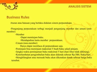 Aturan atau batasan yang berlaku didalam sistem perpustakaan.
-Pengunjung perpustakaan terbagi menjadi pengunjung member dan umum (non-
member)
-Member
-Dapat meminjam buku.
-Mendapatkan kartu member perpustakaan.
-Umum (non-member)
Hanya dapat membaca di perpustakaan saja.
-Peminjam bisa meminjam maksimal 5 buah buku sekali pinjam.
-Jangka waktu peminjaman buku maksimal 5 hari (hari libur tidak dihitung).
-Keterlambatan pengembalian buku akan didenda sebesar Rp.500,-/buku/hari.
-Menghilangkan atau merusak buku akan dikenakan denda sebesar harga buku
tersebut.
 