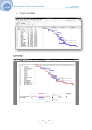 UNIVERSIDAD NACIONAL JORGE BASADRE GROHOMANN                CONTROL DE
5 de ago.                                                       OPERACIONES MINERAS



                   TIPEMPO PESIMISTA (b)




            RUTA CRÍTICA




                                                           11
 