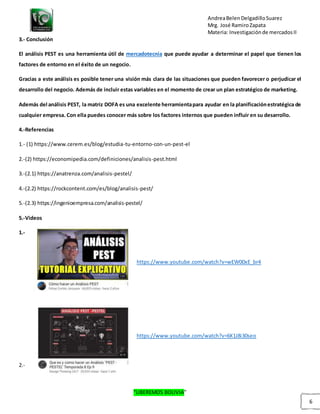 AndreaBelenDelgadilloSuarez
Mrg. José RamiroZapata
Materia: Investigaciónde mercadosII
“LIBEREMOS BOLIVIA”
6
3.- Conclusión
El análisis PEST es una herramienta útil de mercadotecnia que puede ayudar a determinar el papel que tienen los
factores de entorno en el éxito de un negocio.
Gracias a este análisis es posible tener una visión más clara de las situaciones que pueden favorecer o perjudicar el
desarrollo del negocio. Además de incluir estas variables en el momento de crear un plan estratégico de marketing.
Además del análisis PEST, la matriz DOFA es una excelente herramientapara ayudar en la planificaciónestratégica de
cualquier empresa. Con ella puedes conocer más sobre los factores internos que pueden influir en su desarrollo.
4.-Referencias
1.- (1) https://www.cerem.es/blog/estudia-tu-entorno-con-un-pest-el
2.-(2) https://economipedia.com/definiciones/analisis-pest.html
3.-(2.1) https://anatrenza.com/analisis-pestel/
4.-(2.2) https://rockcontent.com/es/blog/analisis-pest/
5.-(2.3) https://ingenioempresa.com/analisis-pestel/
5.-Videos
1.-
https://www.youtube.com/watch?v=wEW00xE_br4
https://www.youtube.com/watch?v=6K1J8i30seo
2.-
 