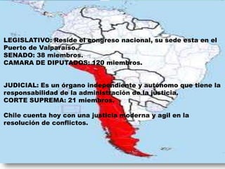 LEGISLATIVO: Reside el congreso nacional, su sede esta en el
Puerto de Valparaíso.
SENADO: 38 miembros.
CAMARA DE DIPUTADOS: 120 miembros.
JUDICIAL: Es un órgano independiente y autónomo que tiene la
responsabilidad de la administración de la justicia.
CORTE SUPREMA: 21 miembros.
Chile cuenta hoy con una justicia moderna y agil en la
resolución de conflictos.
 