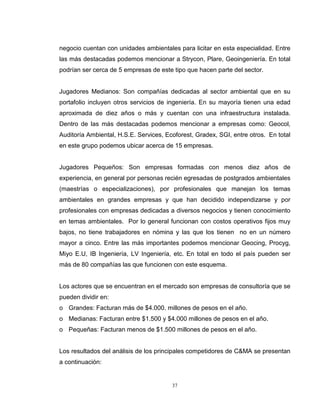 37
negocio cuentan con unidades ambientales para licitar en esta especialidad. Entre
las más destacadas podemos mencionar a Strycon, Plare, Geoingeniería. En total
podrían ser cerca de 5 empresas de este tipo que hacen parte del sector.
Jugadores Medianos: Son compañías dedicadas al sector ambiental que en su
portafolio incluyen otros servicios de ingeniería. En su mayoría tienen una edad
aproximada de diez años o más y cuentan con una infraestructura instalada.
Dentro de las más destacadas podemos mencionar a empresas como: Geocol,
Auditoría Ambiental, H.S.E. Services, Ecoforest, Gradex, SGI, entre otros. En total
en este grupo podemos ubicar acerca de 15 empresas.
Jugadores Pequeños: Son empresas formadas con menos diez años de
experiencia, en general por personas recién egresadas de postgrados ambientales
(maestrías o especializaciones), por profesionales que manejan los temas
ambientales en grandes empresas y que han decidido independizarse y por
profesionales con empresas dedicadas a diversos negocios y tienen conocimiento
en temas ambientales. Por lo general funcionan con costos operativos fijos muy
bajos, no tiene trabajadores en nómina y las que los tienen no en un número
mayor a cinco. Entre las más importantes podemos mencionar Geocing, Procyg,
Miyo E.U, IB Ingeniería, LV Ingeniería, etc. En total en todo el país pueden ser
más de 80 compañías las que funcionen con este esquema.
Los actores que se encuentran en el mercado son empresas de consultoría que se
pueden dividir en:
o Grandes: Facturan más de $4.000. millones de pesos en el año.
o Medianas: Facturan entre $1.500 y $4.000 millones de pesos en el año.
o Pequeñas: Facturan menos de $1.500 millones de pesos en el año.
Los resultados del análisis de los principales competidores de C&MA se presentan
a continuación:
 