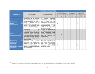 51
PERSPECTIVA CLIENTES
VARIABLE DEFINICIÓN DIAGNÓSTICO
OPORTUNIDAD AMENAZA IMPACTO
A M B B M A A M B
Crecimiento del
sector de
hidrocarburos
Incremento de la actividad
de exploración, producción y
comercialización de gas y
crudo, jalonado por la
estabilidad en las reglas de
juego y un ambiente apto
para la inversión extranjera.
La industria petrolera
colombiana a partir del
2005 y hasta hoy ha
presentado una tasa de
crecimiento anual positiva
aproximadamente de
4,07% en la producción
de hidrocarburos
11
X X
Atraso en
infraestructura vial
Deficiencia en
infraestructura vial y de
transporte, por no contar con
sistemas viales de talla
internacional, incrementando
el costos de fletes, tiempos
de entrega y reduciendo la
productividad.
Las vías en el interior de
los departamentos nunca
fueron diseñadas para
soportar diariamente el
paso de decenas de
carrotanques
X X
Surgimiento de
operadoras
pequeñas
explorando y
explotando campos
petroleros
Creación de nuevas
empresas de exploración
debido al gran auge del
sector de hidrocarburos en
el país y sus altos márgenes
de rentabilidad.
Para las compañías de
nivel medio es rentable
tener una producción
diaria entre 1000 y 5000
barriles de crudo
X X
11
Revista La Nota Económica. Hidrocarburos, Minas y Energía. Artículo 800.000 barriles diarios meta de Colombia en 2010. Julio de 2010. Página 9
 