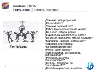 Análisis FODAFortalezas (Factores Internos)¿Ventajas de la propuesta? ¿Capacidades? ¿Ventajas competitivas? ¿PUV's (propuesta única de vetas)?¿Recursos, activos, gente? ¿Experiencia, conocimiento, datos? ¿Reservas financieras, retorno probable?¿Marketing – alcance, distribución? ¿Aspectos innovadores? ¿Ubicación geográfica? ¿Precio, valor, calidad? ¿Acreditaciones, calificaciones, certificaciones? ¿Procesos, sistemas, TI, comunicaciones?¿Cultural, actitudinal, de comportamiento? ¿Cobertura gerencial, sucesión? 