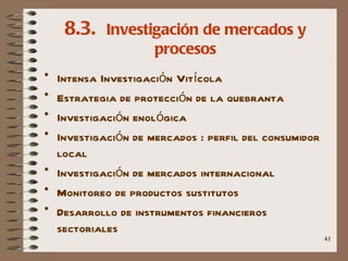8.3.  Investigación de mercados y procesos Intensa Investigación Vitícola Estrategia de protección de la quebranta Investigación enológica Investigación de mercados : perfil del consumidor local Investigación de mercados internacional Monitoreo de productos sustitutos Desarrollo de instrumentos financieros sectoriales 