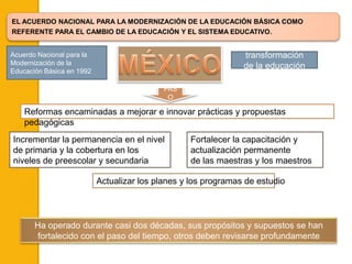 EL ACUERDO NACIONAL PARA LA MODERNIZACIÓN DE LA EDUCACIÓN BÁSICA COMO
REFERENTE PARA EL CAMBIO DE LA EDUCACIÓN Y EL SISTEMA EDUCATIVO.


Acuerdo Nacional para la                                        transformación
Modernización de la                                             de la educación
Educación Básica en 1992

                                            PAS
                                             O

    Reformas encaminadas a mejorar e innovar prácticas y propuestas
    pedagógicas
Incrementar la permanencia en el nivel            Fortalecer la capacitación y
de primaria y la cobertura en los                 actualización permanente
niveles de preescolar y secundaria                de las maestras y los maestros

                           Actualizar los planes y los programas de estudio




       Ha operado durante casi dos décadas, sus propósitos y supuestos se han
        fortalecido con el paso del tiempo, otros deben revisarse profundamente
 