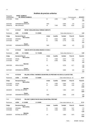 Página :S10 1
0494025Presupuesto ASAMBLEA
Análisis de precios unitarios
Fecha presupuesto 08/12/2016009Subpresupuesto DRENAJE ASAMBLEA
30/12/2016 10:22:13a.m.Fecha :
hh0147010004 2.0000 0.1684 2.3714.09PEON
3.70
Equipos
%MO0337010001 5.0000 0.193.70HERRAMIENTAS MANUALES
hm0349040100 1.0000 0.0842 6.7480.08MINI CARGADOR
6.93
Partida 01.07.02.07 REFINE Y NIVELACION ZANJA TERRENO COMPACTO
m/DIA 45.0000Rendimiento Costo unitario directo por : m 4.4445.0000EQ.MO.
Unidad Cuadrilla Cantidad Precio S/.Código Descripción Recurso Parcial S/.
Mano de Obra
hh0147010002 0.5000 0.0889 1.7219.37OPERARIO
hh0147010004 1.0000 0.1778 2.5114.09PEON
4.23
Equipos
%MO0337010001 5.0000 0.214.23HERRAMIENTAS MANUALES
0.21
Partida 01.07.02.08 CAMA DE APOYO CON ARENA GRUESA 0.10 X0.60 m
m/DIA 110.0000Rendimiento Costo unitario directo por : m 8.49110.0000EQ.MO.
Unidad Cuadrilla Cantidad Precio S/.Código Descripción Recurso Parcial S/.
Mano de Obra
hh0147010003 1.0000 0.0727 1.1515.76OFICIAL
hh0147010004 4.0000 0.2909 4.1014.09PEON
5.25
Materiales
m30205010004 0.0720 3.0842.71ARENA GRUESA
3.08
Equipos
%MO0337010001 3.0000 0.165.25HERRAMIENTAS MANUALES
0.16
Partida 01.07.02.09 RELLENO LATERAL Y ENCIMADO CON MATERIAL DE PRESTAMO H=30 CM DE LA CLAVE DE TUBO
m3/DIA 25.0000Rendimiento Costo unitario directo por : m3 64.4125.0000EQ.MO.
Unidad Cuadrilla Cantidad Precio S/.Código Descripción Recurso Parcial S/.
Mano de Obra
hh0147010003 1.0000 0.3200 5.0415.76OFICIAL
hh0147010004 4.0000 1.2800 18.0414.09PEON
23.08
Materiales
m30205300070 1.0500 40.6438.70MATERIAL DE CANTERA
40.64
Equipos
%MO0337010001 3.0000 0.6923.08HERRAMIENTAS MANUALES
0.69
Partida 01.07.02.10 RELLENO Y COMPACTADO DE ZANJA CON MATERIAL PRESTAMO
m3/DIA 20.0000Rendimiento Costo unitario directo por : m3 57.0120.0000EQ.MO.
Unidad Cuadrilla Cantidad Precio S/.Código Descripción Recurso Parcial S/.
Mano de Obra
hh0147010002 1.0000 0.4000 7.7519.37OPERARIO
hh0147010004 1.0000 0.4000 5.6414.09PEON
13.39
Materiales
m30205300070 1.0500 40.6438.70MATERIAL DE CANTERA
40.64
 