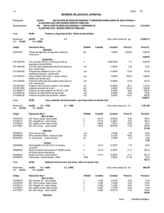 S10 Página : 39
Análisis de precios unitarios
Presupuest 2015073 INSTALACIÓN DE REDES SECUNDARIAS Y CONEXIONES DOMICILIARIAS DE AGUA POTABLE Y
ALCANTARILLADO PARA MARGEN DERECHA PAMPLONA
Subpresupuest 002 INSTALACIÓN DE REDES SECUNDARIAS Y CONEXIONES DE Fecha presupuesto 31-03-2010
ALCANTARILLADO - MARGEN DERECHA PAMPLONA
Partida 04.002 Proteccion y Seguridad de Obra - Redes de Alcantarillado
Rendimiento glb/DIA MO. EQ. Costo unitario directo por : glb 14,802.37
H.H. 651.981 H.M. 4.0000
Código Descripción Recur Unidad Cuadrilla Cantidad Precio S/. Parcial S/.
Materiales
0230470237 Folletos del reglamento de seguridad e higiene de glb 1.00000 2,000.00 2,000.00
construcción
2,000.00
Subpartidas
010110040155 Cerco de malla HDP de 1 m altura para límite de m 5,529.30000 1.01 5,584.59
seguridad de obra-SEDAPAL
010110040160 Cono fibra vidrio fosforescente p/desvío de tránsito s/d und 11.00000 5.02 55.22
(prov. durante obra)
010110040180 Tranquera tipo caballete de 2,40 x 1,20m und 11.00000 41.09 451.99
p/señalaliz-protec.(prov. durante obra)
010110040210 Letrero metálico 0,60 x 0,60 m s/poste p/desvío und 5.00000 309.76 1,548.80
tránsito (prov.durante obra)
010110040220 Puente de madera para pase peatonal sobre zanja s/d und 15.00000 61.85 927.75
(prov. durante obra)
010120010207 Limpieza y retiro de basura, maleza a zona aledaña m3 30.00000 38.11 1,143.30
010120010209 Limpieza permanente de la obra glb 2.00000 914.43 1,828.86
010120060110 Proteccion de redes existentes de DN 200 a 250 und 6.00000 48.00 288.00
010120060165 Proteccion de cable eléctrico de baja tensión und 6.00000 19.80 118.80
010120060185 Proteccion de postes para alumbrado - telefono und 6.00000 142.51 855.06
12,802.37
Partida 04.003 Trazo y replanteo inicial del proyecto, para líneas-redes con estación total
Rendimiento km/DIA MO. 1.7000 EQ. 1.7000 Costo unitario directo por : km 1,521.98
H.H. 62.6785 H.M. 36.8721
Código Descripción Recur Unidad Cuadrilla Cantidad Precio S/. Parcial S/.
Mano de Obra
0147020100 MO: Técnico incluye leyes sociales h 2.6118 12.29070 15.50 190.51
0147020110 MO: Topógrafo incl. leyes sociales h 2.6118 12.29070 15.50 190.51
0147030001 MO: Capataz incluye leyes sociales h 0.2603 1.22510 20.63 25.27
0147100001 MO: Peon incluye leyes sociales h 7.8353 36.87200 11.00 405.59
811.88
Materiales
0230320010 Cal de obra en bolsa und 7.00000 7.00 49.00
0254080005 Pintura esmalte sintético, envase por galón und 0.31300 60.00 18.78
0203010001 Fo. construcción : (costo promedio) kg 4.57600 2.23 10.20
77.98
Equipos
0348280008 Nivel topográfico AFL320 E=0,3" con trípode y h 2.6118 12.29070 7.77 95.50
accesorios
0348280020 Equipo de estación total precisión 5" G608M ó similar h 2.6118 12.29070 21.17 260.19
incl.prismas jalones telescópicos
0348280022 Equipo de cómputo incluye software h 2.6118 12.29070 21.17 260.19
0337009001 Herramientas complementarias (%MO) %MO 2.00000 811.88 16.24
632.12
Partida 04.004 Replanteo final de la obra, para líneas redes con estación total
Rendimiento km/DIA MO. 3.4000 EQ. 3.4000 Costo unitario directo por : km 893.59
H.H. 34.0701 H.M. 22.2324
Código Descripción Recur Unidad Cuadrilla Cantidad Precio S/. Parcial S/.
Mano de Obra
0147040010 MO: Dibujante incl. leyes sociales h 1.5756 3.70740 15.50 57.46
0147020100 MO: Técnico incluye leyes sociales h 3.1496 7.41080 15.50 114.87
0147020110 MO: Topógrafo incl. leyes sociales h 3.1496 7.41080 15.50 114.87
0147030001 MO: Capataz incluye leyes sociales h 0.3057 0.71940 20.63 14.84
0147100001 MO: Peon incluye leyes sociales h 6.2992 14.82170 11.00 163.04
465.08
Materiales
Fecha : 21-05-2010 04:18:59p.m.
 