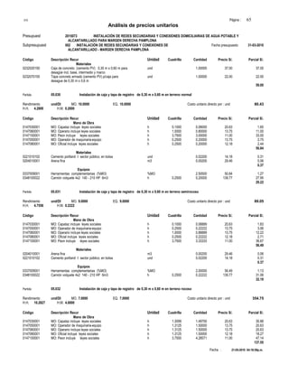 S10 Página : 65
Análisis de precios unitarios
Presupuest 2015073 INSTALACIÓN DE REDES SECUNDARIAS Y CONEXIONES DOMICILIARIAS DE AGUA POTABLE Y
ALCANTARILLADO PARA MARGEN DERECHA PAMPLONA
Subpresupuest 002 INSTALACIÓN DE REDES SECUNDARIAS Y CONEXIONES DE Fecha presupuesto 31-03-2010
ALCANTARILLADO - MARGEN DERECHA PAMPLONA
Código Descripción Recur Unidad Cuadrilla Cantidad Precio S/. Parcial S/.
Materiales
0232020150 Caja de concreto (cemento PV) 0,30 m x 0,60 m para und 1.00000 37.00 37.00
desagüe incl. base, intermedio y marco
0232070155 Tapa concreto armado (cemento PV) p/caja para und 1.00000 22.00 22.00
desague de 0,30 m x 0,6 m
59.00
Partida 05.030 Instalación de caja y tapa de registro de 0,30 m x 0,60 m en terreno normal
Rendimiento und/DI MO. 10.0000 EQ. 10.0000 Costo unitario directo por : und 80.43
H.H. 4.2800 H.M. 0.2000
Código Descripción Recur Unidad Cuadrilla Cantidad Precio S/. Parcial S/.
Mano de Obra
0147030001 MO: Capataz incluye leyes sociales h 0.1000 0.08000 20.63 1.65
0147060001 MO: Operario incluye leyes sociales h 1.0000 0.80000 13.75 11.00
0147100001 MO: Peon incluye leyes sociales h 3.7500 3.00000 11.00 33.00
0147050001 MO: Operador de maquinaria-equipo h 0.2500 0.20000 13.75 2.75
0147080001 MO: Oficial incluye leyes sociales h 0.2500 0.20000 12.18 2.44
50.84
Materiales
0221010102 Cemento portland I sector público; en bolsa und 0.02200 14.18 0.31
0204010001 Arena fina m3 0.00200 29.46 0.06
0.37
Equipos
0337009001 Herramientas complementarias (%MO) %MO 2.50500 50.84 1.27
0348100022 Camión volquete 4x2 140 - 210 HP 6m3 h 0.2500 0.20000 139.77 27.95
29.22
Partida 05.031 Instalación de caja y tapa de registro de 0,30 m x 0,60 m en terreno semirocoso
Rendimiento und/DI MO. 9.0000 EQ. 9.0000 Costo unitario directo por : und 89.05
H.H. 4.7556 H.M. 0.2222
Código Descripción Recur Unidad Cuadrilla Cantidad Precio S/. Parcial S/.
Mano de Obra
0147030001 MO: Capataz incluye leyes sociales h 0.1000 0.08889 20.63 1.83
0147050001 MO: Operador de maquinaria-equipo h 0.2500 0.22222 13.75 3.06
0147060001 MO: Operario incluye leyes sociales h 1.0000 0.88889 13.75 12.22
0147080001 MO: Oficial incluye leyes sociales h 0.2500 0.22222 12.18 2.71
0147100001 MO: Peon incluye leyes sociales h 3.7500 3.33333 11.00 36.67
56.49
Materiales
0204010001 Arena fina m3 0.00200 29.46 0.06
0221010102 Cemento portland I sector público; en bolsa und 0.02200 14.18 0.31
0.37
Equipos
0337009001 Herramientas complementarias (%MO) %MO 2.00000 56.49 1.13
0348100022 Camión volquete 4x2 140 - 210 HP 6m3 h 0.2500 0.22222 139.77 31.06
32.19
Partida 05.032 Instalación de caja y tapa de registro de 0,30 m x 0,60 m en terreno rocoso
Rendimiento und/DI MO. 7.0000 EQ. 7.0000 Costo unitario directo por : und 354.75
H.H. 10.2827 H.M. 4.0000
Código Descripción Recur Unidad Cuadrilla Cantidad Precio S/. Parcial S/.
Mano de Obra
0147030001 MO: Capataz incluye leyes sociales h 1.3099 1.49700 20.63 30.88
0147050001 MO: Operador de maquinaria-equipo h 1.3125 1.50000 13.75 20.63
0147060001 MO: Operario incluye leyes sociales h 1.3125 1.50000 13.75 20.63
0147080001 MO: Oficial incluye leyes sociales h 1.3125 1.50000 12.18 18.27
0147100001 MO: Peon incluye leyes sociales h 3.7500 4.28571 11.00 47.14
137.55
Fecha : 21-05-2010 04:18:59p.m.
 