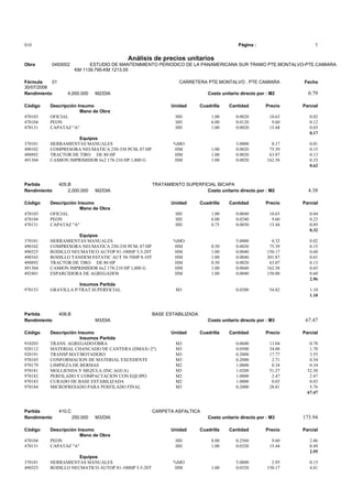 S10 Página : 1
Análisis de precios unitarios
Obra 0493002 ESTUDIO DE MANTENIMIENTO PERIODICO DE LA PANAMERICANA SUR TRAMO PTE.MONTALVO-PTE.CAMIARA
KM 1139.795-KM 1213.05
Fórmula 01 CARRETERA PTE.MONTALVO . PTE CAMIARA Fecha
30/07/2006
Rendimiento 4,000.000 M2/DIA Costo unitario directo por : M2 0.79
Código Descripción Insumo Unidad Cuadrilla Cantidad Precio Parcial
Mano de Obra
470103 OFICIAL HH 1.00 0.0020 10.63 0.02
470104 PEON HH 6.00 0.0120 9.60 0.12
470131 CAPATAZ "A" HH 1.00 0.0020 15.44 0.03
0.17
Equipos
370101 HERRAMIENTAS MANUALES %MO 5.0000 0.17 0.01
490102 COMPRESORA NEUMATICA 250-330 PCM, 87 HP HM 1.00 0.0020 75.39 0.15
490892 TRACTOR DE TIRO DE 80 HP HM 1.00 0.0020 63.07 0.13
491304 CAMION IMPRIMIDOR 6x2 178-210 HP 1,800 G HM 1.00 0.0020 162.58 0.33
0.62
Partida 405.B TRATAMIENTO SUPERFICIAL BICAPA
Rendimiento 2,000.000 M2/DIA Costo unitario directo por : M2 4.38
Código Descripción Insumo Unidad Cuadrilla Cantidad Precio Parcial
Mano de Obra
470103 OFICIAL HH 1.00 0.0040 10.63 0.04
470104 PEON HH 6.00 0.0240 9.60 0.23
470131 CAPATAZ "A" HH 0.75 0.0030 15.44 0.05
0.32
Equipos
370101 HERRAMIENTAS MANUALES %MO 5.0000 0.32 0.02
490102 COMPRESORA NEUMATICA 250-330 PCM, 87 HP HM 0.50 0.0020 75.39 0.15
490325 RODILLO NEUMATICO AUTOP 81-100HP 5.5-20T HM 1.00 0.0040 150.17 0.60
490343 RODILLO TANDEM ESTATIC AUT 58-70HP 8-10T HM 1.00 0.0040 201.87 0.81
490892 TRACTOR DE TIRO DE 80 HP HM 0.50 0.0020 63.07 0.13
491304 CAMION IMPRIMIDOR 6x2 178-210 HP 1,800 G HM 1.00 0.0040 162.58 0.65
492401 ESPARCIDORA DE AGREGADOS HM 1.00 0.0040 150.00 0.60
2.96
Insumos Partida
970153 GRAVILLA P/TRAT.SUPERFICIAL M3 0.0200 54.82 1.10
1.10
Partida 408.B BASE ESTABILIZADA
Rendimiento M3/DIA Costo unitario directo por : M3 67.47
Código Descripción Insumo Unidad Cuadrilla Cantidad Precio Parcial
Insumos Partida
910203 TRANS. AGREGADO/OBRA M3 0.0600 13.04 0.78
920112 MATERIAL CHANCADO DE CANTERA (DMAX=2") M3 0.0500 34.08 1.70
920191 TRANSP.MAT/BOTADERO M3 0.2000 17.77 3.55
970105 CONFORMACION DE MATERIAL EXCEDENTE M3 0.2000 2.71 0.54
970179 LIMPIEZA DE BERMAS M2 1.0000 0.34 0.34
970181 MOLLIENDA Y MEZCLA (INC.AGUA) M3 1.0200 51.27 52.30
970182 PERFILADO Y COMPACTACION CON EQUIPO M2 1.0000 2.47 2.47
970183 CURADO DE BASE ESTABILIZADA M2 1.0000 0.03 0.03
970184 MICROFRESADO PARA PERFILADO FINAL M3 0.2000 28.81 5.76
67.47
Partida 410.C CARPETA ASFALTICA
Rendimiento 250.000 M3/DIA Costo unitario directo por : M3 173.94
Código Descripción Insumo Unidad Cuadrilla Cantidad Precio Parcial
Mano de Obra
470104 PEON HH 8.00 0.2560 9.60 2.46
470131 CAPATAZ "A" HH 1.00 0.0320 15.44 0.49
2.95
Equipos
370101 HERRAMIENTAS MANUALES %MO 5.0000 2.95 0.15
490325 RODILLO NEUMATICO AUTOP 81-100HP 5.5-20T HM 1.00 0.0320 150.17 4.81
 