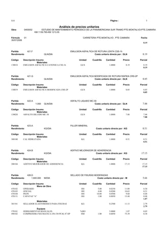 S10 Página : 1
Análisis de precios unitarios
Obra 0493002 ESTUDIO DE MANTENIMIENTO PERIODICO DE LA PANAMERICANA SUR TRAMO PTE.MONTALVO-PTE.CAMIARA
KM 1139.795-KM 1213.05
Fórmula 01 CARRETERA PTE.MONTALVO . PTE CAMIARA Fecha
30/07/2006
8.19
Partida 421.F EMULSION ASFALTICA DE ROTURA LENTA CSS-1h
Rendimiento GLN/DIA Costo unitario directo por : GLN 8.19
Código Descripción Insumo Unidad Cuadrilla Cantidad Precio Parcial
Materiales
130018 EMULSION ASFALTICA CATIONICA CSS-1h GLN 1.0000 8.19 8.19
8.19
Partida 421.G EMULSION ASFALTICA MODIFICADA DE ROTURA RAPIDA CRS-2P
Rendimiento GLN/DIA Costo unitario directo por : GLN 8.85
Código Descripción Insumo Unidad Cuadrilla Cantidad Precio Parcial
Materiales
130019 EMULSION ASFALTICA MODIFICADA CRS-2P GLN 1.0000 8.85 8.85
8.85
Partida 422.A ASFALTO LIQUIDO MC-30
Rendimiento 1.000 GLN/DIA Costo unitario directo por : GLN 7.88
Código Descripción Insumo Unidad Cuadrilla Cantidad Precio Parcial
Materiales
130020 ASFALTO DILUIDO MC-30 GLN 1.0000 7.88 7.88
7.88
Partida 423.A FILLER MINERAL
Rendimiento KG/DIA Costo unitario directo por : KG 0.51
Código Descripción Insumo Unidad Cuadrilla Cantidad Precio Parcial
Materiales
300100 CAL HIDRATADA KG 1.0000 0.51 0.51
0.51
Partida 424.B ADITIVO MEJORADOR DE ADHERENCIA
Rendimiento KG/DIA Costo unitario directo por : KG 17.15
Código Descripción Insumo Unidad Cuadrilla Cantidad Precio Parcial
Materiales
200104 ADITIVO MEJORADOR DE ADHERENCIA KG 1.0000 17.15 17.15
17.15
Partida 426.D SELLADO DE FISURAS MODERADAS
Rendimiento 1,600.000 M/DIA Costo unitario directo por : M 5.66
Código Descripción Insumo Unidad Cuadrilla Cantidad Precio Parcial
Mano de Obra
470102 OPERARIO HH 5.00 0.0250 11.88 0.30
470103 OFICIAL HH 4.00 0.0200 10.63 0.21
470104 PEON HH 10.00 0.0500 9.60 0.48
470131 CAPATAZ "A" HH 1.00 0.0050 15.44 0.08
1.07
Materiales
301541 SELLADOR ELASTOMERICO PARA FISURAS KG 0.2500 11.15 2.79
2.79
Equipos
370101 HERRAMIENTAS MANUALES %MO 5.0000 1.07 0.05
490102 COMPRESORA NEUMATICA 250-330 PCM, 87 HP HM 1.00 0.0050 75.39 0.38
 