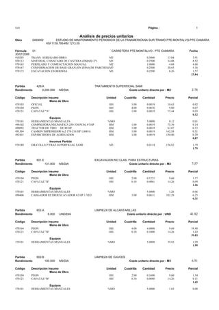 S10 Página : 1
Análisis de precios unitarios
Obra 0493002 ESTUDIO DE MANTENIMIENTO PERIODICO DE LA PANAMERICANA SUR TRAMO PTE.MONTALVO-PTE.CAMIARA
KM 1139.795-KM 1213.05
Fórmula 01 CARRETERA PTE.MONTALVO . PTE CAMIARA Fecha
30/07/2006
910203 TRANS. AGREGADO/OBRA M3 0.3000 13.04 3.91
920112 MATERIAL CHANCADO DE CANTERA (DMAX=2") M3 0.2500 34.08 8.52
970165 PERFILADO Y COMPACTACION MANUAL M2 1.0000 4.68 4.68
970167 CONFORMACION DE BASE GRAN.(EN ZONA DE PARCHES)M3 0.2500 20.65 5.16
970173 EXCAVACION EN BERMAS M3 0.2500 6.26 1.57
23.84
Partida 429.A TRATAMIENTO SUPERFICIAL SAMI
Rendimiento 4,200.000 M2/DIA Costo unitario directo por : M2 2.78
Código Descripción Insumo Unidad Cuadrilla Cantidad Precio Parcial
Mano de Obra
470103 OFICIAL HH 1.00 0.0019 10.63 0.02
470104 PEON HH 4.00 0.0076 9.60 0.07
470131 CAPATAZ "A" HH 1.00 0.0019 15.44 0.03
0.12
Equipos
370101 HERRAMIENTAS MANUALES %MO 5.0000 0.12 0.01
490102 COMPRESORA NEUMATICA 250-330 PCM, 87 HP HM 1.00 0.0019 75.39 0.14
490892 TRACTOR DE TIRO DE 80 HP HM 1.00 0.0019 63.07 0.12
491304 CAMION IMPRIMIDOR 6x2 178-210 HP 1,800 G HM 1.00 0.0019 162.58 0.31
492401 ESPARCIDORA DE AGREGADOS HM 1.00 0.0019 150.00 0.29
0.87
Insumos Partida
970188 GRAVILLA P/TRAT.SUPERFICIAL SAMI M3 0.0114 156.82 1.79
1.79
Partida 601.E EXCAVACION NO CLAS. PARA ESTRUCTURAS
Rendimiento 131.000 M3/DIA Costo unitario directo por : M3 7.57
Código Descripción Insumo Unidad Cuadrilla Cantidad Precio Parcial
Mano de Obra
470104 PEON HH 2.00 0.1221 9.60 1.17
470121 CAPATAZ "B" HH 0.10 0.0061 14.26 0.09
1.26
Equipos
370101 HERRAMIENTAS MANUALES %MO 5.0000 1.26 0.06
490406 CARGADOR RETROEXCAVADOR 62 HP 1 YD3 HM 1.00 0.0611 102.28 6.25
6.31
Partida 602.A LIMPIEZA DE ALCANTARILLAS
Rendimiento 8.000 UND/DIA Costo unitario directo por : UND 41.82
Código Descripción Insumo Unidad Cuadrilla Cantidad Precio Parcial
Mano de Obra
470104 PEON HH 4.00 4.0000 9.60 38.40
470121 CAPATAZ "B" HH 0.10 0.1000 14.26 1.43
39.83
Equipos
370101 HERRAMIENTAS MANUALES %MO 5.0000 39.83 1.99
1.99
Partida 602.B LIMPIEZA DE CAUCES
Rendimiento 100.000 M3/DIA Costo unitario directo por : M3 6.51
Código Descripción Insumo Unidad Cuadrilla Cantidad Precio Parcial
Mano de Obra
470104 PEON HH 2.00 0.1600 9.60 1.54
470121 CAPATAZ "B" HH 0.10 0.0080 14.26 0.11
1.65
Equipos
370101 HERRAMIENTAS MANUALES %MO 5.0000 1.65 0.08
 